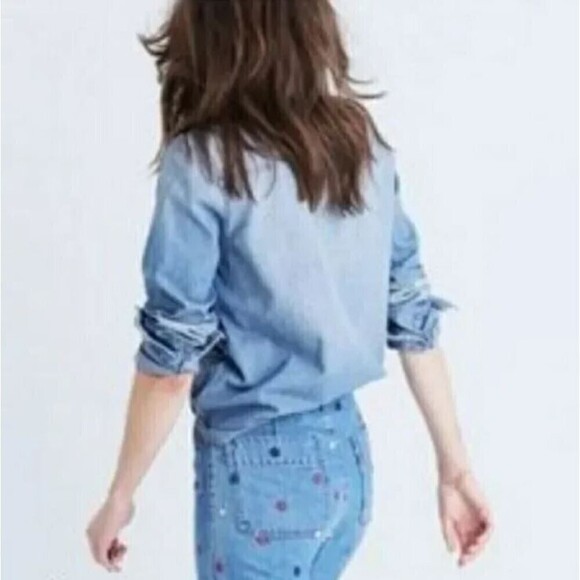 Madewell Zip Front Chambray Blue Denim Popover Long Sleeve Top Size Small - Picture 3 of 14